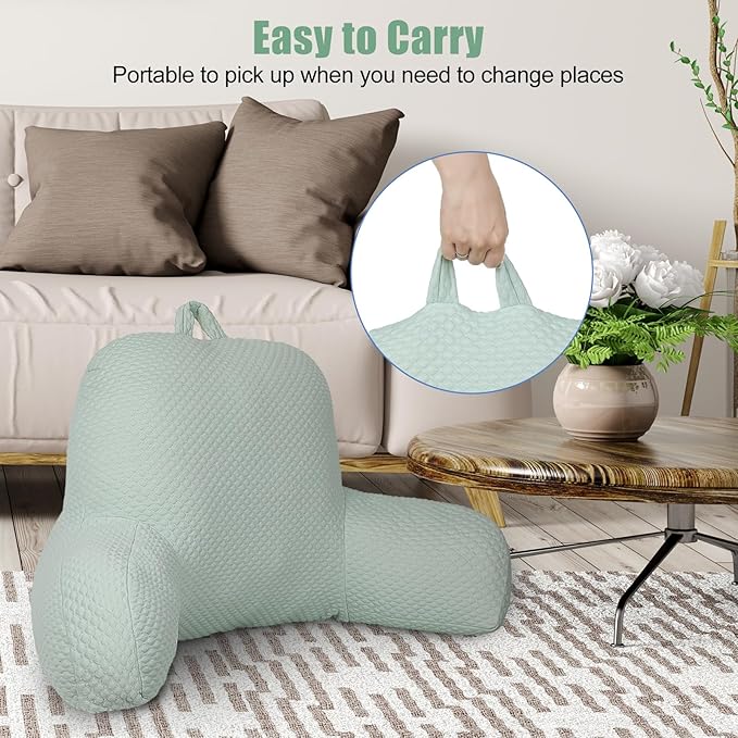 Reading Pillow, Silk Back Support Pillow for Bed Sitting Up, Large Bed Rest Pillow with Arms for Adults,Back Support for Couch and Chair, Green