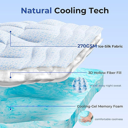 Dual Layer 4 Inch Cooling Memory Foam Mattress Topper Twin XL Size, 2 Inch Thick Soft Quilted Ice Silk Pillow Top Cover Plus 2 Inch Gel Memory Foam Mattress Pad for Back Pain Relief