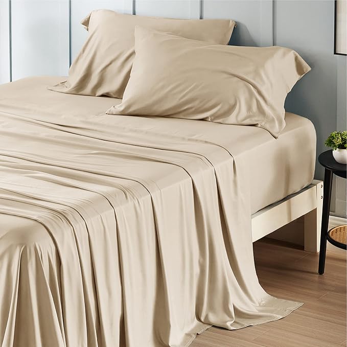 Bedsure California King Sheet Sets, Cooling Sheets for Hot Sleepers, Rayon Derived from Bamboo, Deep Pocket Up to 16 Inches, Breathable & Soft, Hotel Luxury Silky Bedding, Beige