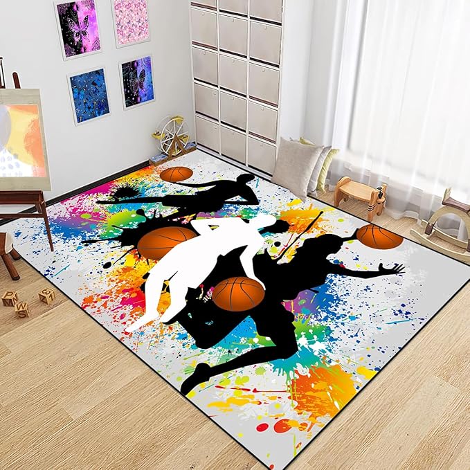 Basketball Rug for Boys Bedroom - Sports Rug for Boys Bedroom Kids Carpet, Basketball Carpet for Playroom Living Room Floor Mats Indoor Outdoor, 5x7 Feet