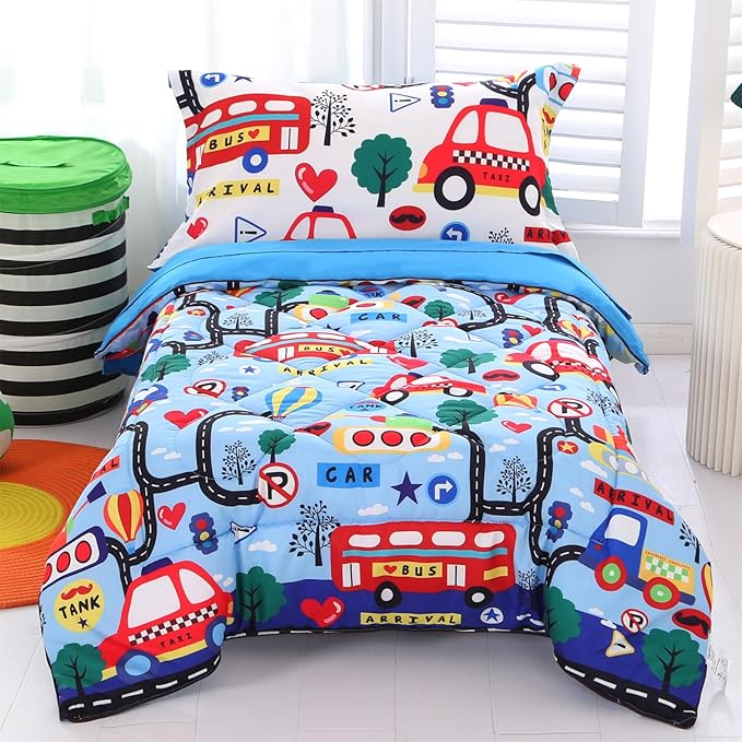 Wowelife Car Toddler Bedding Sets for Boys Blue, Premium 4 Piece Car Toddler Bed Sets for Boys, Super Soft and Comfortable for Toddler, Crib Bed 28 x 52 Inch, Transportation