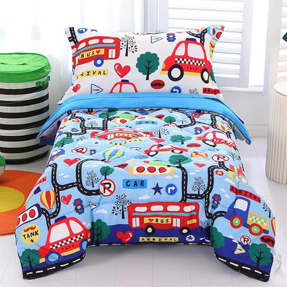 Wowelife Car Toddler Bedding Sets for Boys Blue, Premium 4 Piece Car Toddler Bed Sets for Boys, Super Soft and Comfortable for Toddler, Crib Bed 28 x 52 Inch, Transportation