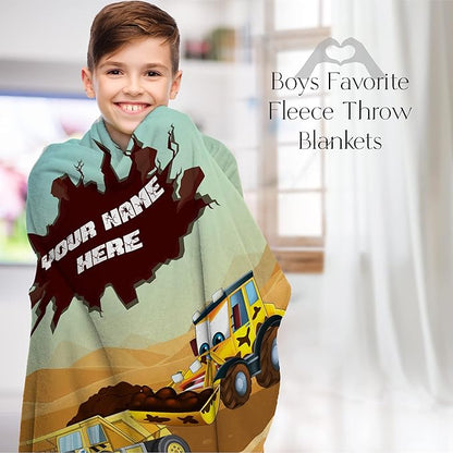 Personalized Blanket for Kids | Construction Truck Blanket | Fleece Throw for Boys and Girls | Kids & Toddlers | Tonka Bulldozer Dump Truck Loader Excavators (50x60 Fleece, V2)