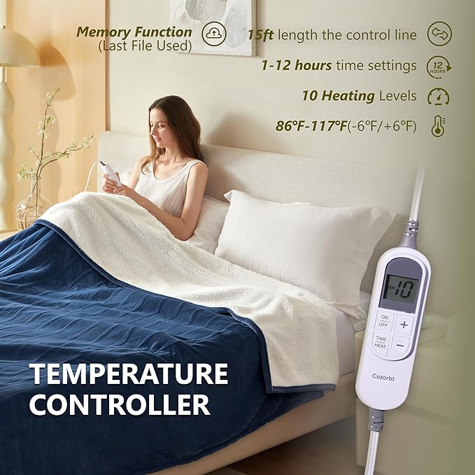 Heat Blanket 72”x84” Full Size,Soft Flannel & Sherpa Reversible Electric Blanket with 10 Heat Settings,12 Timer Setting and 8 Hours Auto-Shut Off,ETL Certified Machine Washable,Dark Blue