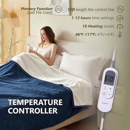 Heat Blanket 72”x84” Full Size,Soft Flannel & Sherpa Reversible Electric Blanket with 10 Heat Settings,12 Timer Setting and 8 Hours Auto-Shut Off,ETL Certified Machine Washable,Dark Blue