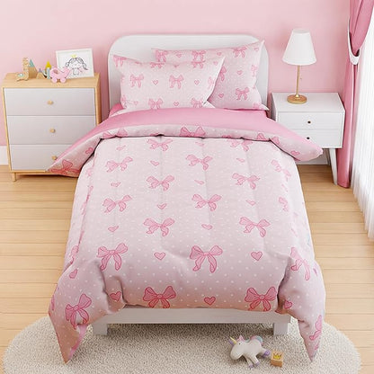 SANDJEST Bow Comforter Set Full Size 98x86in for Kids Girls, Microfiber 4 Pcs Bedding Set Includes 1 Comforter, 2 Pillowcases, 1 Fitted Sheet, Nursery Room Decor