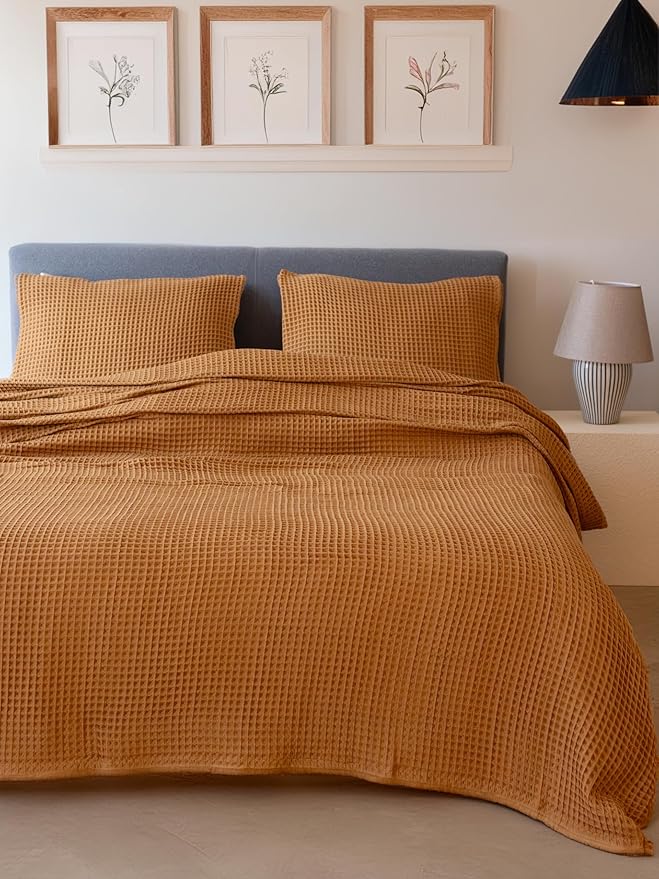 Premium Waffle Blanket Queen XL Size Caramel - Luxury, Pure 100% Turkish Cotton, Light & Airy Waffle Weave All-Season Quilt - Decorative Bedspread (Caramel, Queen XL 95" x 102" Inch)