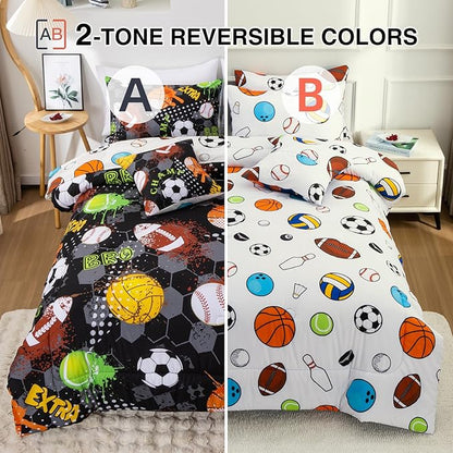 A Nice Night 6Pcs Bed in A Bag Full Sports Microfiber Comforter Set,Black Rugby Ball Basketball Printed Bedding Collections,for Boys Kids Teen