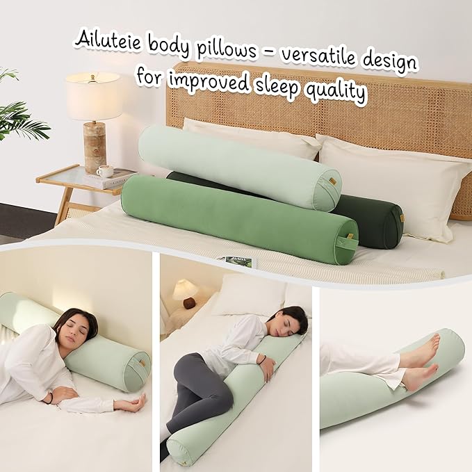 Bolster Pillow for Bed – Long Round Body Pillow for Adults, Cuddle Pillow for Sleeping, Full-Length Support,39 x 7.87 Inches,Celadon Green