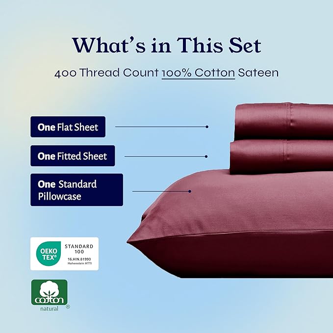 California Design Den Twin XL Sheet Sets - 400 Thread Count Sateen, 100% Cotton Sheets Set, Deep Pockets, and Durable Bedding for Dorm Rooms & Adults - Burgundy Red
