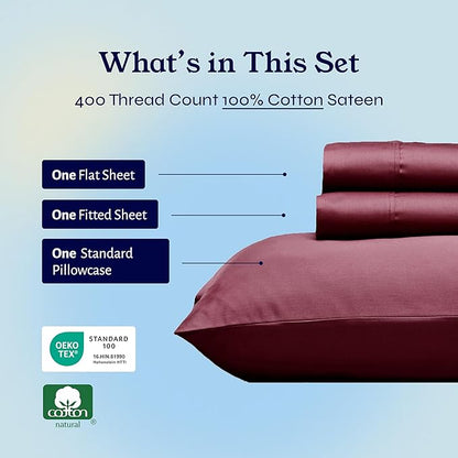 California Design Den Twin Sheets Set - Soft 400 Thread Count Sateen, Natural 100% Cotton Sheets with Deep Pockets, and Durable Bedding Set - Burgundy Red