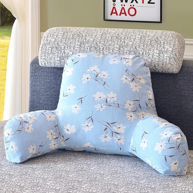 Bohemian Printed Reading Pillow with Support Arms Soft Bed Rest Pillows Back Support Cushion for Kids Reading Watching TV Sitting Up in Bed (23"×16"×10",Blue Floral)