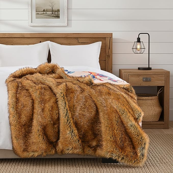 HORIMOTE HOME Long Pile Faux Fur Throw Blanket, with Cheetah and Tropical Plants Printed Pattern, Decorative Fluffy Throw Blanket for Couch Bed Sofa, Birthday Gifts for Women, 60'' x 80''