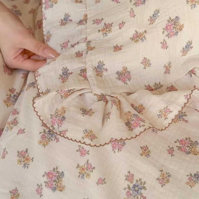 BuLuTu Girls Floral Duvet Cover Set Twin, Pink Tuberose Print Quilt Cover for Kids Toddler Teens, Soft Breathable Muslin Cotton Comforter Cover for All Seasons, Zipper & Corner Ties