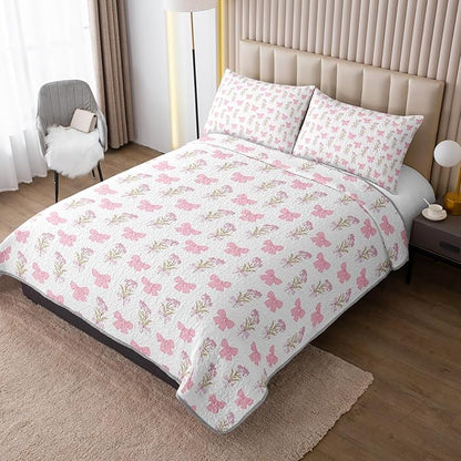 QOOMO Pink Bow Quilt Set Twin Size,Bowknot Bedspread Coverlet Set,Floral 3Pcs Bedding Set Printed Quilt with 2 Pillowcases,Soft and Lightweight,for All Seasons
