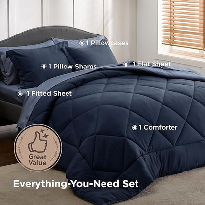 Bedsure Twin Comforter Set - 5 Pieces Reversible Navy Blue Bedding, Twin Size Bed Set for All Seasons, Bed in a Bag with Down Alternative Comforter, Sheets, Pillowcase & Sham