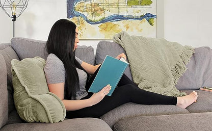 Super Soft Velvety Backrest Reading Bed Rest Pillow with Arms and Pockets 18" H for Sitting in Bed Couch Sofa, Back Support Wedge Cushion with Removable Cover, 20" x 18" x17", Slate Green