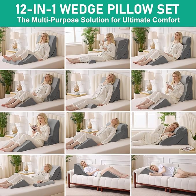 4PCS Wedge Pillow Set for After Surgery, Orthopedic Bed Wedge Pillow for Back Pain Relief, Sitting Up in Bed, Acid Reflux, Adjustable Post Surgery Pillows for GERD, Snoring, Grey