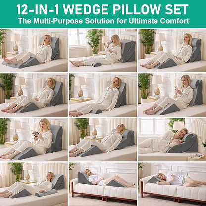 4PCS Wedge Pillow Set for After Surgery, Orthopedic Bed Wedge Pillow for Back Pain Relief, Sitting Up in Bed, Acid Reflux, Adjustable Post Surgery Pillows for GERD, Snoring, Grey