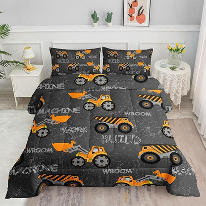Truck Comforter Set Excavator Engineering Vehicle Printed Bedding Set with 1 Comforter and 2 Pillowcases for Boys and Girls Bedroom All Season(Truck-3 Queen)