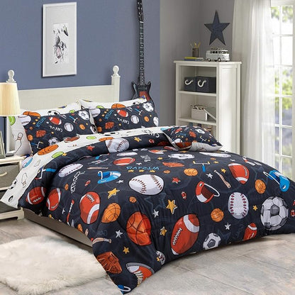 A Nice Night Boys Rugby Balls Comforter Set 6-Piece Bed-in-a-Bag with Sheet Set, Twin Size Polyester Bedding Collections for Kids, Durable & Easy Care, Sports Theme Design for Boys Bedroom