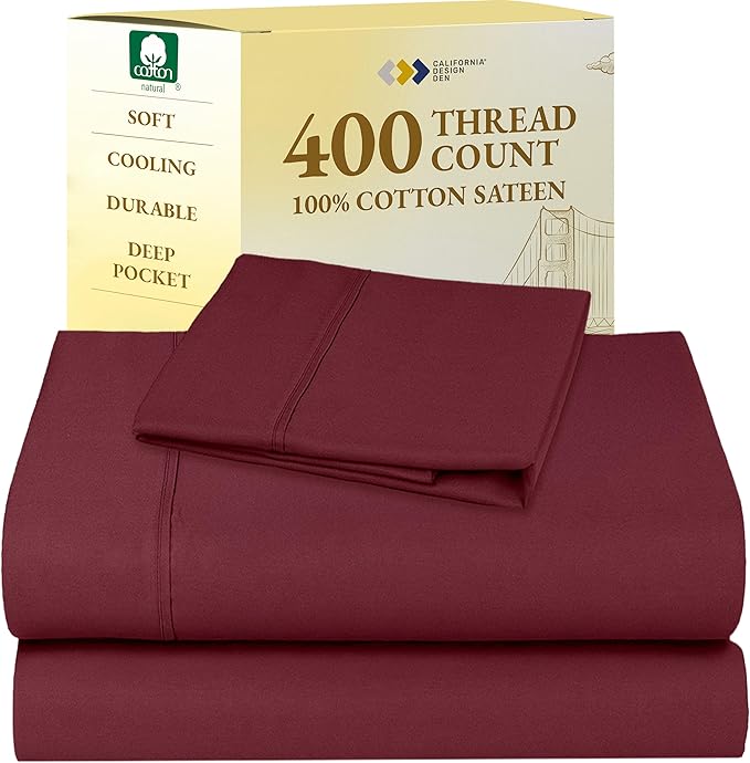California Design Den Twin XL Sheet Sets - 400 Thread Count Sateen, 100% Cotton Sheets Set, Deep Pockets, and Durable Bedding for Dorm Rooms & Adults - Burgundy Red