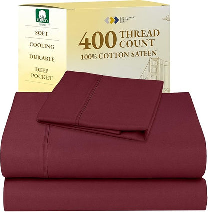 California Design Den Twin XL Sheet Sets - 400 Thread Count Sateen, 100% Cotton Sheets Set, Deep Pockets, and Durable Bedding for Dorm Rooms & Adults - Burgundy Red