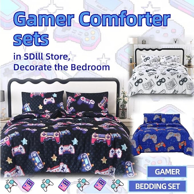 SDIII 3PCS Blue Gaming Comforter Set Full, Soft Microfiber Lightweight Game Comforter Sets for Boys Girls Kids Teens, Video Gamer Bedding Set Full
