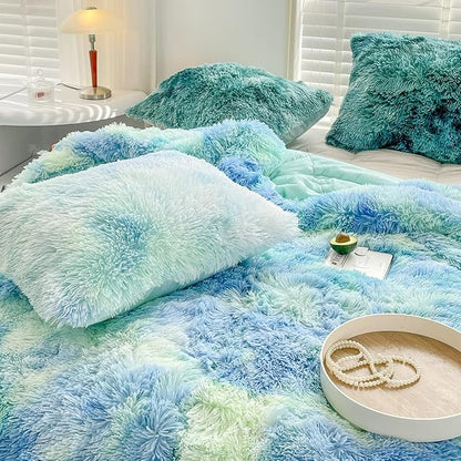 Wajade Faux Fur Plush Tie Dye Blue Green Comforter Set Fluffy Fuzzy Shaggy Bedding Set - 3PC Full/Queen Microfiber Soft Warm Quilt Set