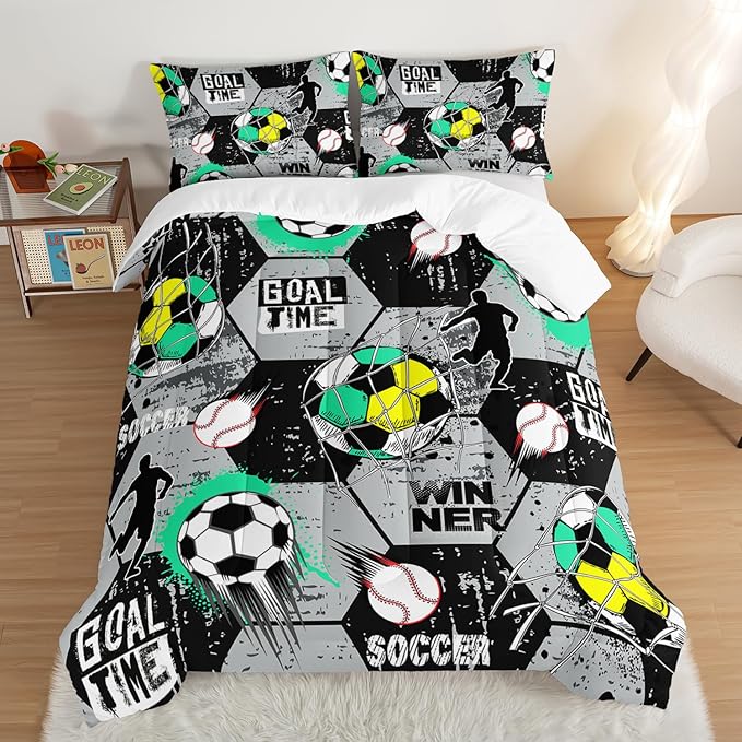 Soccer Bedding Comforter Set Twin Size,Football Baseball Printing Ball Gamer Bedding Set,Sports Themed Room Decor for Teens Boys,Gray Black Hexagonal Pattern Comforter Set with 2 Pillowcases.
