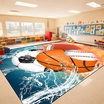 Basketball Rug 6'x9' - Basketball Rug for Boys Bedroom Kids Football Mat Water Fire Sports Rugs Boys Room Soccer Rugs Baseball Carpet for Playroom Living Room Bedroom Decor