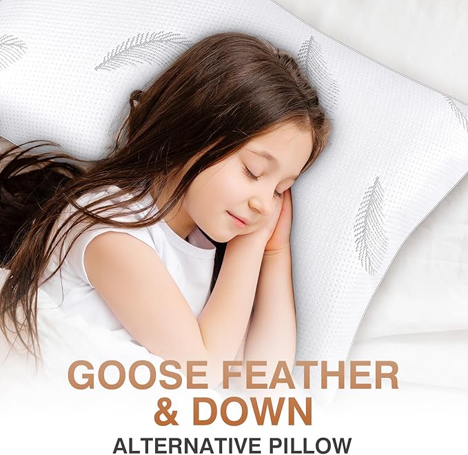 Goose Feather Pillows Bed Pillow - Hotel Down Pillows Queen Size Set of 2, Fluffy Support Surround Fill Polyester for Back, Stomach, Side Sleepers, Breathable & Soft Bed Pillow for Sleeping