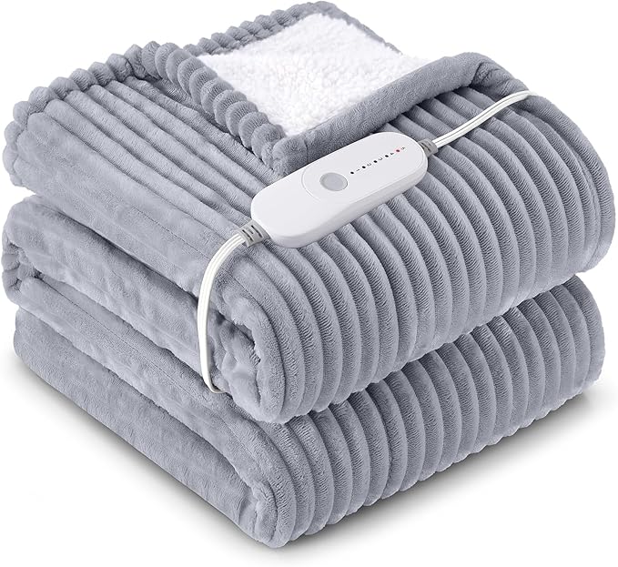 HYLEORY Heated Blanket Electric Twin, Soft Flannel Sherpa Heater 5 Heat Settings and 10 Hours Auto Shut-Off Heating Blanket ETL Certification Over-Heat Protection Machine Washable,Grey