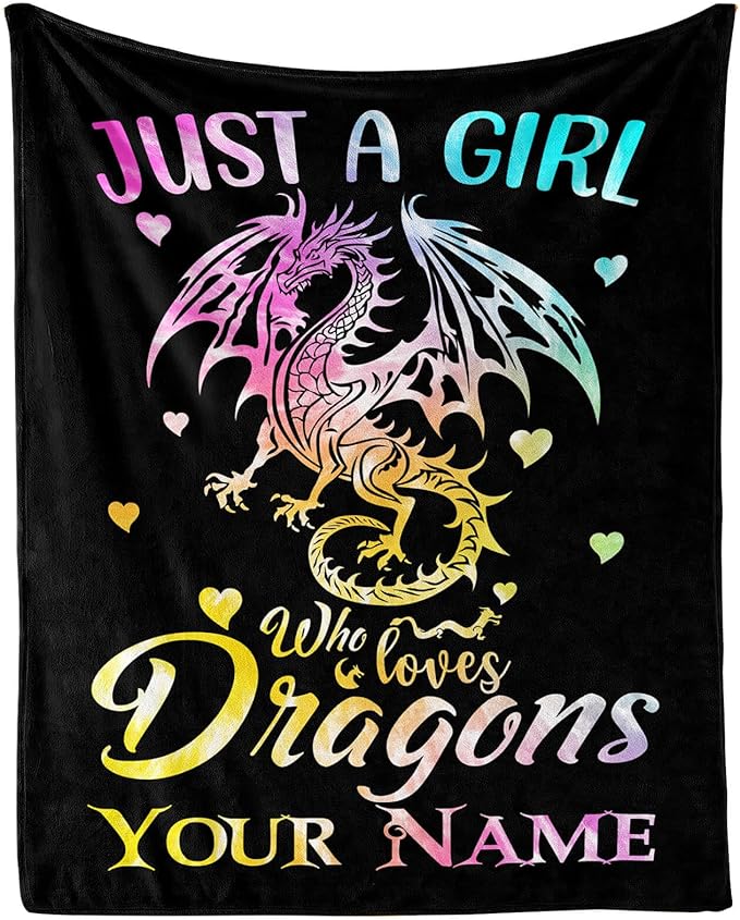 Custom Dragon Blanket with Name for Boys Girls, Personalized Cute Dragon Themed Design Printed Throw Blankets for Kids Lap, Chair Sofa, Giftable Blanket, 40"x 50"