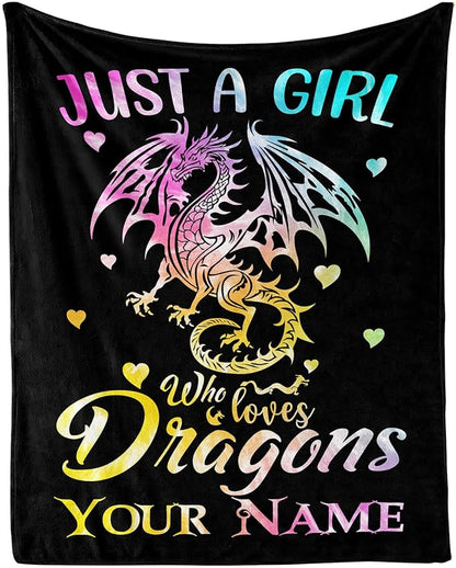 Custom Dragon Blanket with Name for Boys Girls, Personalized Cute Dragon Themed Design Printed Throw Blankets for Kids Lap, Chair Sofa, Giftable Blanket, 40"x 50"