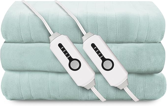 Electric Heated Blanket 90"x100" King Size, Soft Coral Fleece, Dual Controllers with 4 Heating Levels and 10 Hours Auto-Off, Machine Washable, Cozy Plush Fabric for Home, Mint Green
