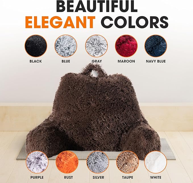 Cheer Collection Fluffy Reading Pillow Chair - Shaggy Hair Chair Pillow with Arms for Bed & Couch, Chocolate