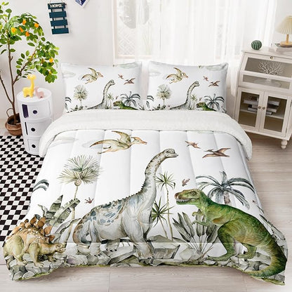 QOOMO Jurassic Period Dinosaurs Sherpa Comforter Set King, Primitive Senling Sherpa Fleece, Plush and Warm Bedding Comforter Sets, Down Alternative Ultra Soft and Cozy Comforter Set for Boys, 3-Piece