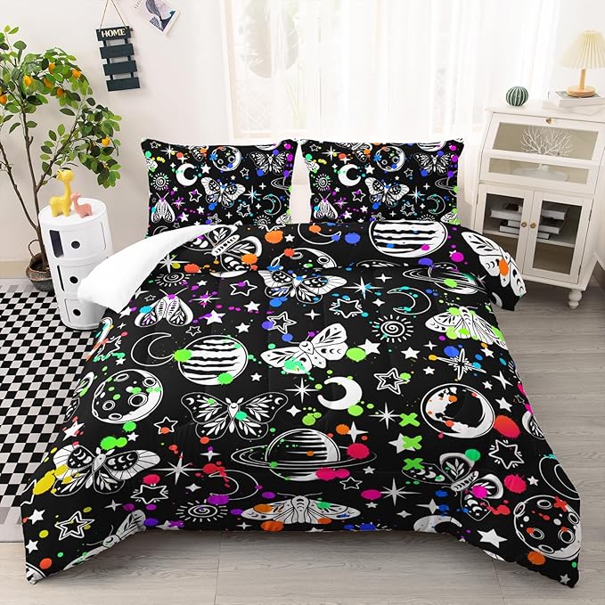 Cartoon Cosmic Planets Comforter Set for Kids, Butterfly and Moth Bedding Set with Colorful Spot Design, Star Pattern Black Comforter Bedroom Decoration Queen Size