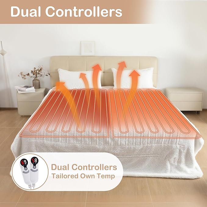 Electric Heated Blanket Queen Size 84"×90" Dual Control, 6 Heating Settings & 1-10H Auto Off, Heating Double Sided Plush Sherpa, Fast Heating, Machine Washable White