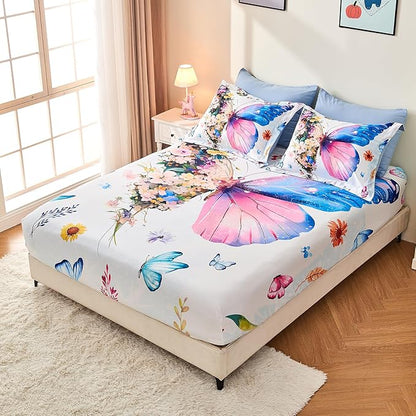 7 Piece Butterfly Comforter Set Queen Size 3D Colorful Floral Butterflies Bedding Set for Kids Girls Women for Birthday