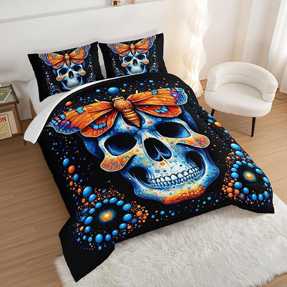 Gothic Skull Comforter Set Queen Size,Blue Orange Granular Ball Butterfly Printed Bedding Comforter Sets,Halloween Horror Themed Comforter Set for Kids,Gothic Bedding Sets with 2 Pillowcases.