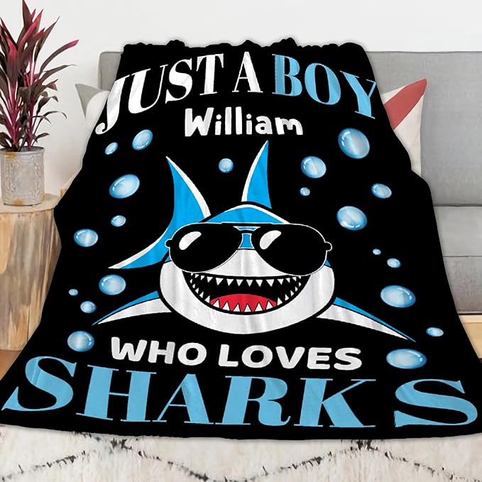Custom Just A Boy Who Loves Sharks Blankets Gifts for Kids Adult On Bed Sofa,Personalized Premium Flannel Blankets for Birthday Christmas Thanksgiving All Season Use 50''x 60'' -M