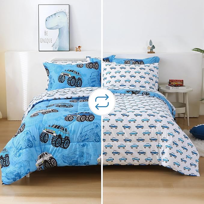 Mooreeke Kids Full Comforter Sets for Boys 8 Pieces Truck Blue Bedding Set for Teens Soft Microfiber Kids Bed in A Bag with Comforter, Sheet Set, Shams and Decorative Toy Pillow All Season