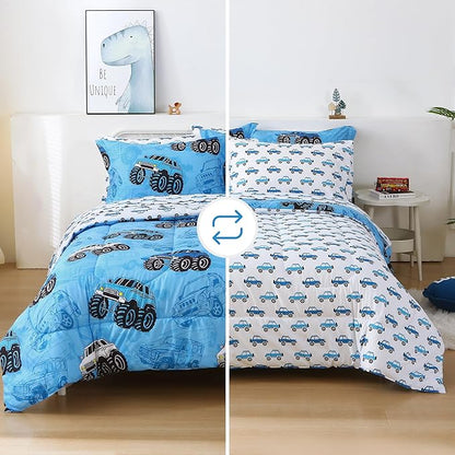 Mooreeke Kids Full Comforter Sets for Boys 8 Pieces Truck Blue Bedding Set for Teens Soft Microfiber Kids Bed in A Bag with Comforter, Sheet Set, Shams and Decorative Toy Pillow All Season