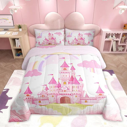 Feelyou Kids King Pink Castle Comforter Set Rainbow Castle Bedding Set Girls Princess Comforter Fairy Tales Duvet Set Girls Bed Set 3Pcs