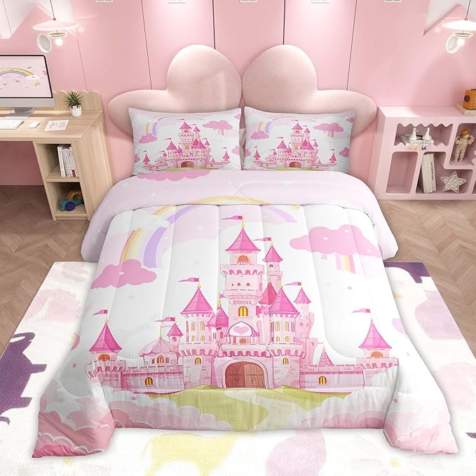 Feelyou Kids Twin Pink Castle Comforter Set Boys Rainbow Castle Bedding Set Girls Princess Comforter Fairy Tales Duvet Set Girls Bed Set 2Pcs