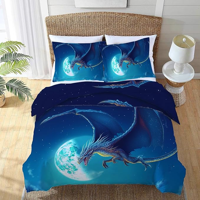 Dragon Bedding Set 3 Pieces Queen Size Dragon Duvet Cover Comforter Cover Sets for Boys Girls Teens Women