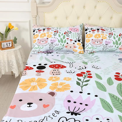 Cat Sheets Set Twin: Green Cartoon Floral Animals Bedding Set for Kids Girls Teens Bedroom Bed - 1 Flat Sheet, 1 Fitted Sheet, 1 Pillowcase