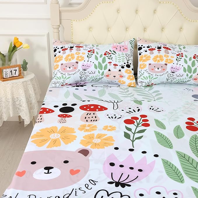 Cat Sheets Set: Floral Cat Bedding Set Full/Queen Size for Girls Teens Women Bedroom Flower Bed - 1 Flat Sheet, 1 Fitted Sheet, 2 Pillowcases